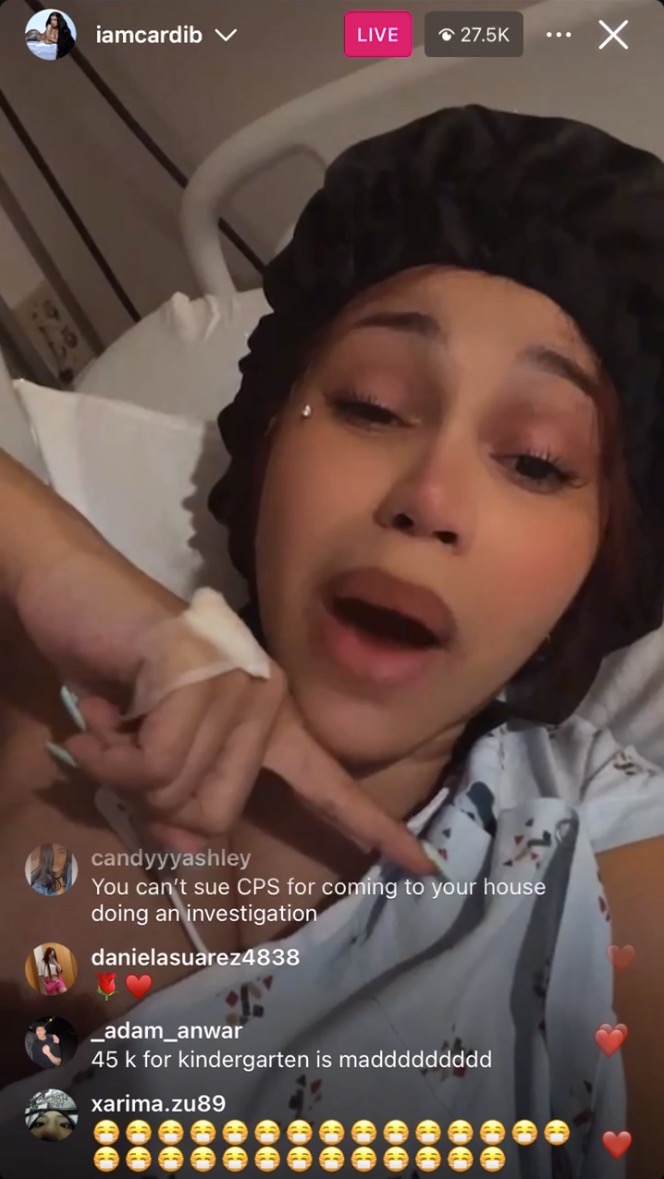 Cardi B speaks in an Instagram Live video from the hospital.